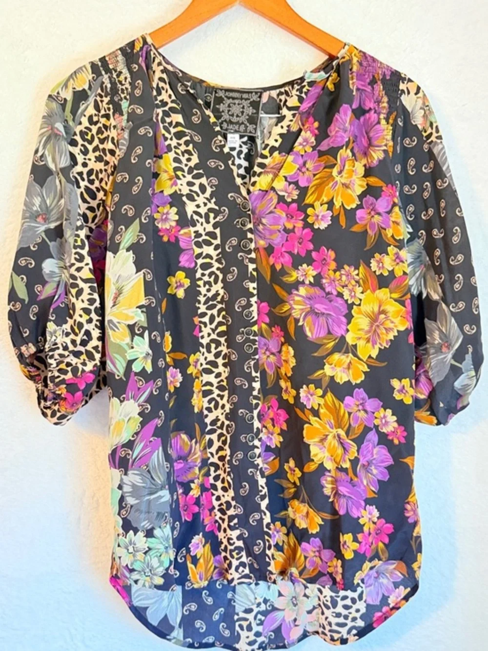 Johnny Was Jade Silk Floral Leopard Patchwork Boho Peasant Blouse XXS